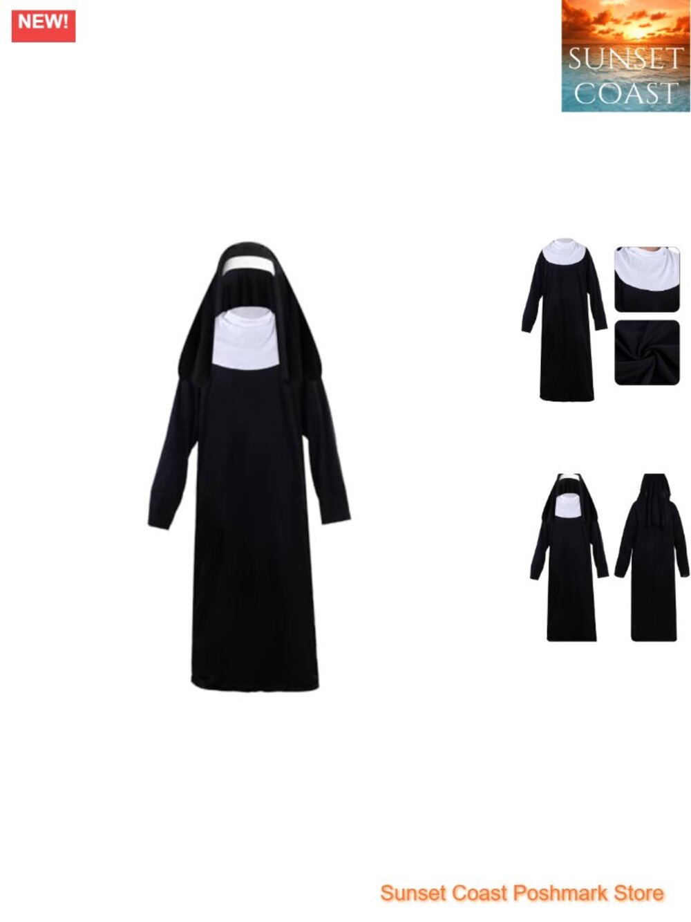 Nun Costume Set Hooded Dress & Hat Cosplay Halloween Outfit